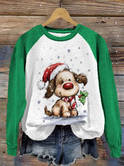 Christmas Dog With Holly Print Casual Sweatshirt