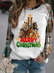 Western Merry Christmas Tree Horses Print Casual Sweatshirt