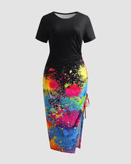 Solid Ruched Drawstring Split Thigh Knee Length Dress