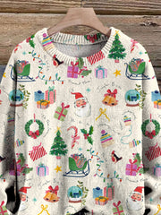 Retro Watercolor Christmas Pattern Printed Knit Pullover Sweater