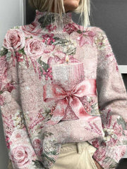 Merry Christmas Candle Print Knit Turtleneck Pullover Sweater