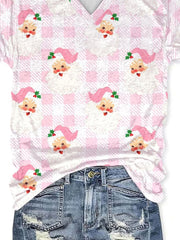 V-Neck Pink Santa Claus And Plaid Print T-Shirt