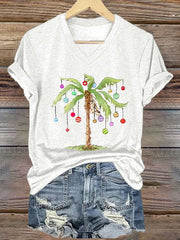 Christmas Palm Tree Print V-Neck T-Shirt