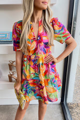 Floral Painting V Neck Tiered Dress