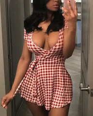 Gingham Print Belted Ruffle Hem Surplice Dress