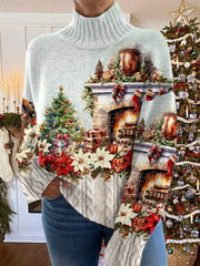 Retro Christmas Print Knit Turtleneck Pullover Sweater