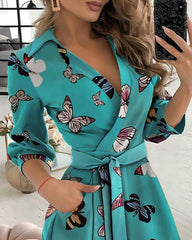 Pocket Design Butterfly Print Wrap Dress