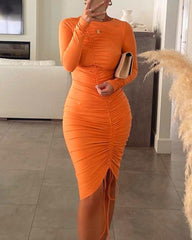 Solid Drawstring Ruched Long Sleeve Midi Dress