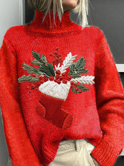 Christmas Printed Knitted Turtleneck Pullover