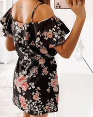 Floral Print Tie Front Ruffle Trim Belted Cold Shoulder Dress