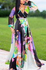 Chiffon Allover Print Belted Gathered Sleeve Dress