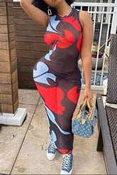 Allover Print Sheer Mesh Bodycon Dress