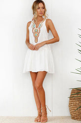 Boho Print Button Trim Sheer Beach Swing Dress