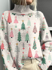 Pink Christmas Christmas Tree Pattern Art Print Knit Turtleneck Pullover Sweater
