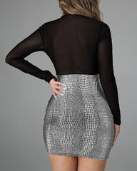 Metallic Snakeskin Print Sheer Mesh Long Sleeve Mini Dress
