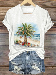 Christmas Tree Print V-Neck T-Shirt