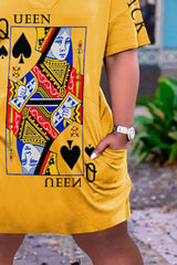 Poker Print Slant Pocket V Neck Dress