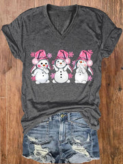Pink Christmas Snowman Print V-Neck T-Shirt