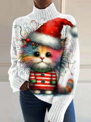 Vintage Christmas Cat Art Print Knit Turtleneck Pullover Sweater