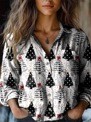 Vintage Christmas Tree Print Casual Long Sleeve Comfortable Cotton Shirt