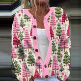 Christmas Tree Print Long Sleeved Knitted Cardigan