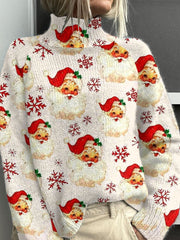 Vintage Christmas Santa Print Knit Turtleneck Pullover Sweater