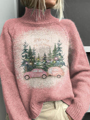 Lovely Christmas Tree Pattern Art Print Knit Turtleneck Pullover Sweater