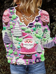 Christmas Pink Santa Claus French Cashmere V-Neck Top