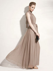 Purple Jewel Neck Lace Up Chiffon Maxi Beach Dress