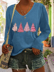 🔥Pink Christmas Tree Print V-Neck Long Sleeve T-Shirt