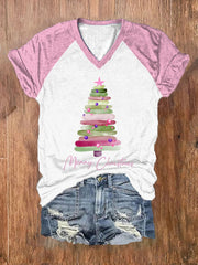 Merry Christmas Tree Printed Raglan Sleeve V-neck T-shirt