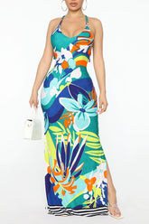 Floral Graphic Cut Out Back Slit Maxi Dress