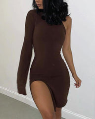 One Shoulder Split Hem Short Dress