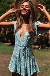 Belted Floral Wrap Front V Neck Beach Mini Dress