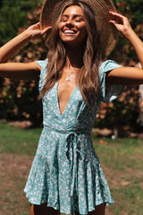 Belted Floral Wrap Front V Neck Beach Mini Dress
