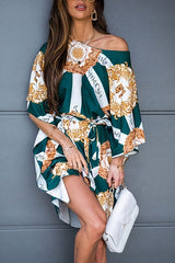 Allover Print Belted Asymmetrical Neck Dress