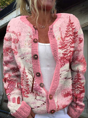 Merry Christmas Pink Art Print Buttoned Cardigan Sweater