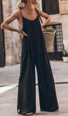 Frilled Neckline Backless Wide Leg Jumpsuit