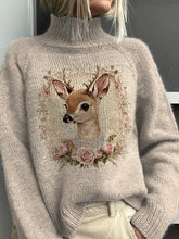 Retro Christmas Reindeer Graphic Printed Knit Turtleneck Pullover Sweater