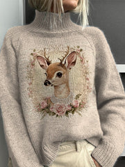 Retro Christmas Reindeer Graphic Printed Knit Turtleneck Pullover Sweater