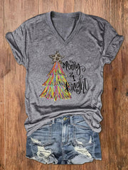 Christmas Tree Merry And Bright Print V-Neck T-Shirt