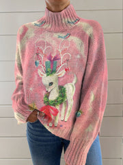 Vintage Christmas Print Knit Turtleneck Pullover Sweater