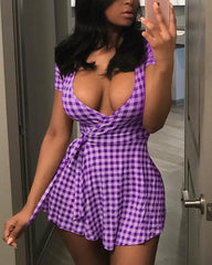 Gingham Print Belted Ruffle Hem Surplice Dress