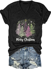 Merry Christmas Trees Print V-Neck T-Shirt