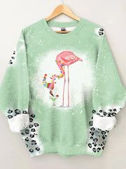 Merry Christmas Flamingo Leopard Print Casual Sweatshirt