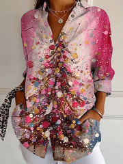 Glitter Christmas Tree Art Print Casual Cotton Shirt