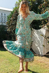 Lounging Bohemian Print Button Front V Neck Maxi Dress