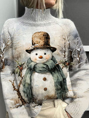 Vintage Christmas Snowman Print Knit Turtleneck Top