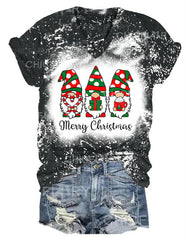 Women Merry Christmas Wave Point Gnomes Print T-Shirt