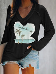 V-neck Retro Florida Merry Christmas Beach Palm Tree Print T-Shirt